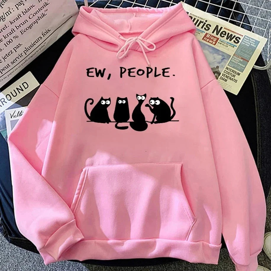 American Vintage 2025 Autumn Winter Woman Hoodies EW PEOPLE Letter Print Top Funny Harajuku Cartoon Black Cat Pattern Clothing LadyShow.Store