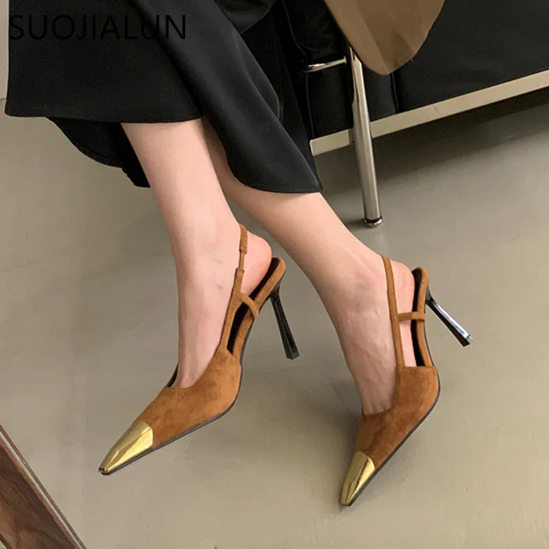 SUOJIALUN 2024 New Brand Women Sandal Fashion Mix Color Ladies Eelgant Outdoor Dress Slingback Shoes Thin High Heel Sexy Pumps S LadyShow.Store