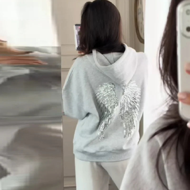 Women's Shinny Sequin Angel Wings Hooded Jacket Pant Long Sleeve Loose Casual Hooded Pullover 2025 New Lady Y2K Autumn Outwears LadyShow.Store