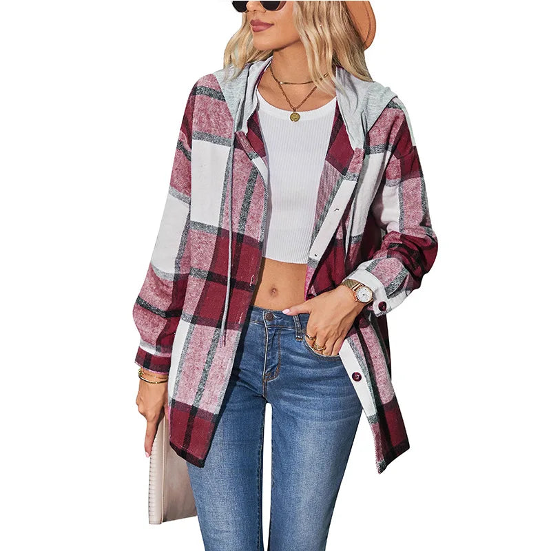Women Hooded Plaid Wool Coat Blouse Top Spring Summer Fashion Outerwear Pi-Mart