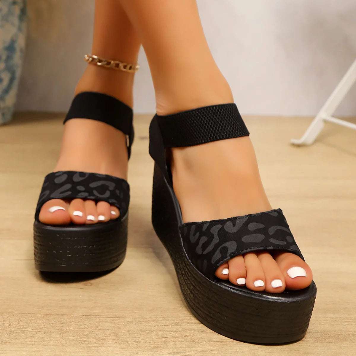 Women’s Wedge High Heel Peep Toe Sandals Leopard Platform Sandals Ladies Thick Sole Summer Shoes Espadrilles Zapatillas Mujer LadyShow.Store