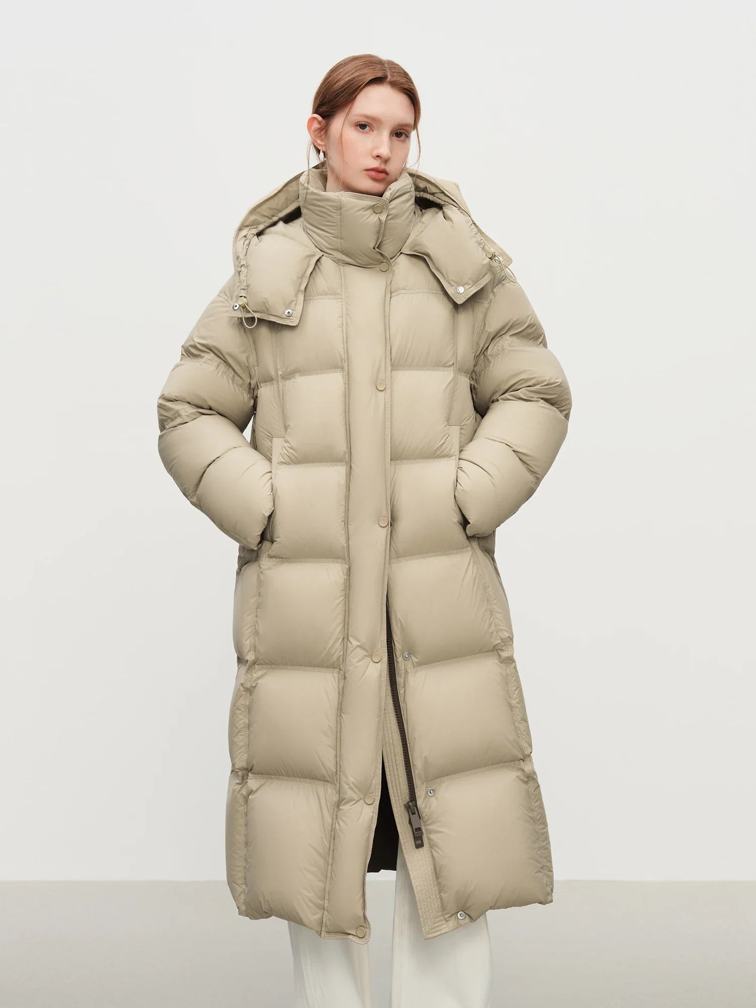 FSLE 2025 Winter New Women's Long Puffer Down Coat with Hood Two-Tone Color Block Thermal Insulated Jacket Heavy Warm Outerwear LadyShow.Store