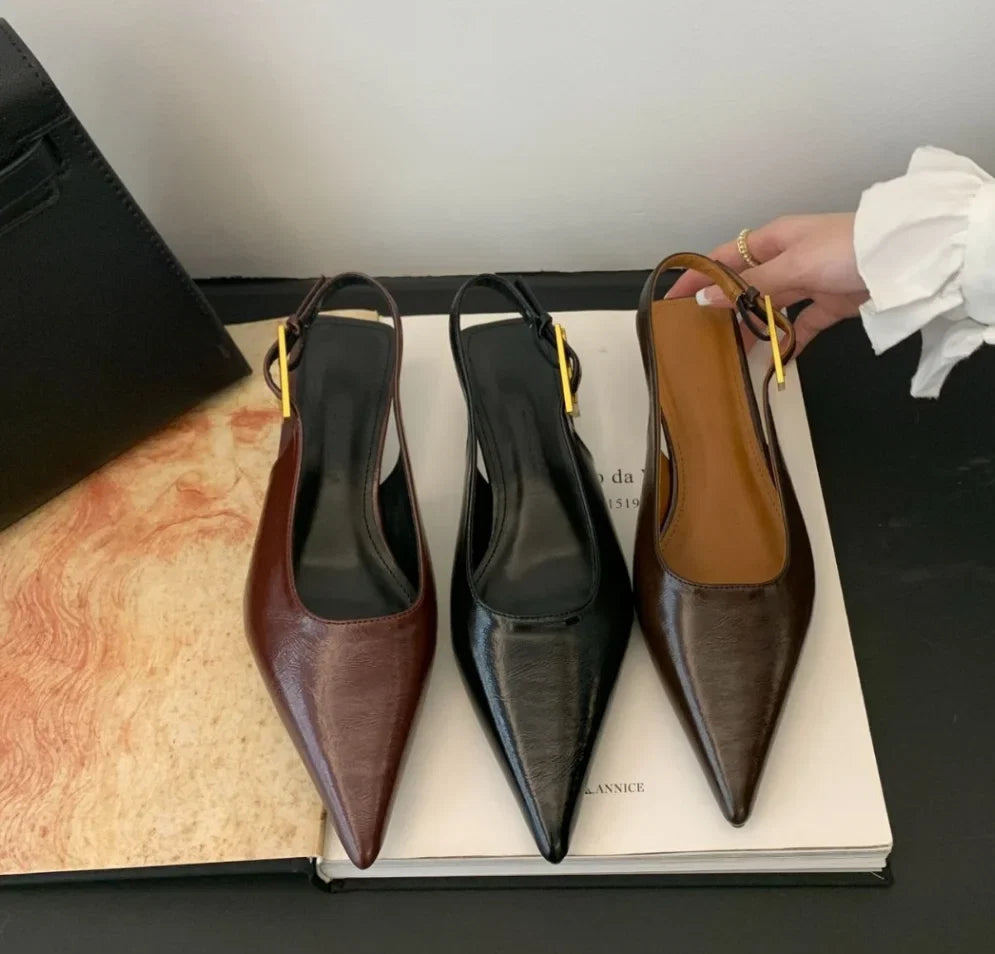 2025 Summer New Women Sandal Fashion Pointed Toe Shallow Slip on Ladies Elegant Slingback Shoes Thin Med Heel Dress Mules Pumps LadyShow.Store