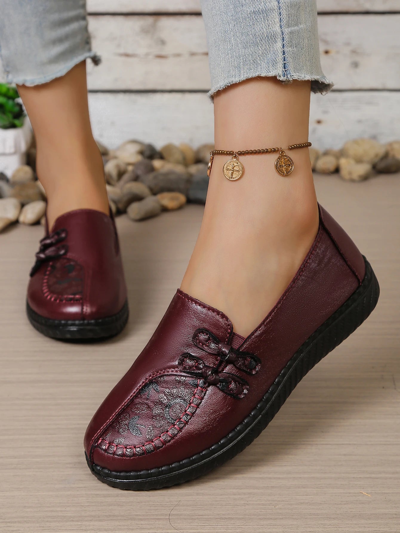 Women's Spring Autumn Leather Loafers Floral Embossed Slip‑On Flats Anti‑Slip Comfort Casual Mom Daily Walking Free Shipping Pi-Mart