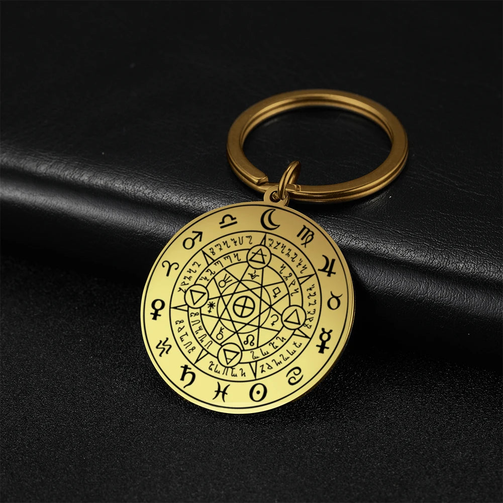 Dawapara Protection Secret Seal of Solomon Pendant Keychain Witchcraft Hexagram Wealth Fortune Amulet Stainless Steel Jewelry Pi-Mart