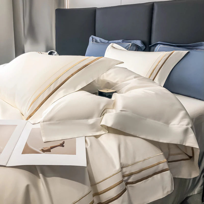 Hotel Style Bedding Set Luxury Golden Embroidery Duvet Cover Grey Egyptian Cotton Bed Sheets Pillowcases Solid Color Bedclothes Pi-Mart