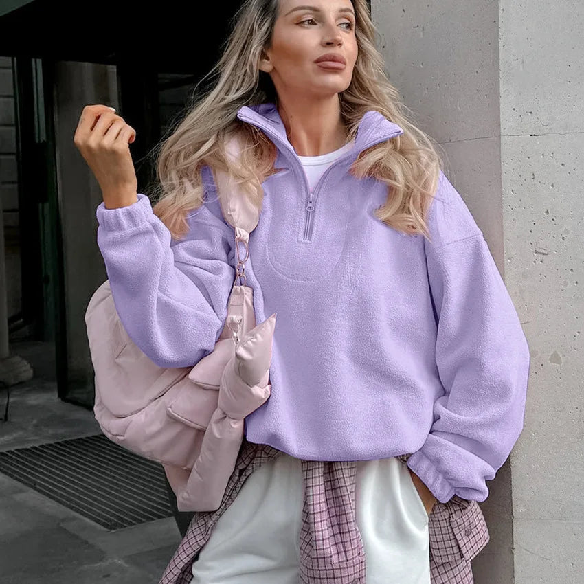 Women Autumn Winter Fleece Hoodies Elegant Stand Collar Zipper Loose Sweatshirt Elegant Solid Pullover Casual Top Streetwear LadyShow.Store