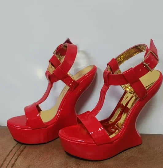 Strange Style Heel Women Novelty Shoes Metallic Leather Fashion High Heels Slingback T-Tied Mixed Color Summer Sandals LadyShow.Store
