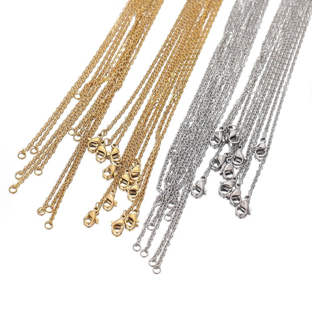 10pcs 50cm 2mm Gold Color Stainless Steel Link Chains Necklaces Fashion Jewelry Cuban Chains Wholesale Chain DIY Crafts Supplies Pi-Mart