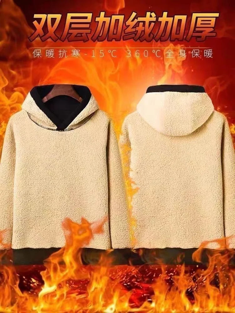 2024 Autumn and Winter New Hooded Lamb Fleece Hoodie Solid Color with Thick Fleece for Men and Women, Warm and Casual Versatile Pi-Mart
