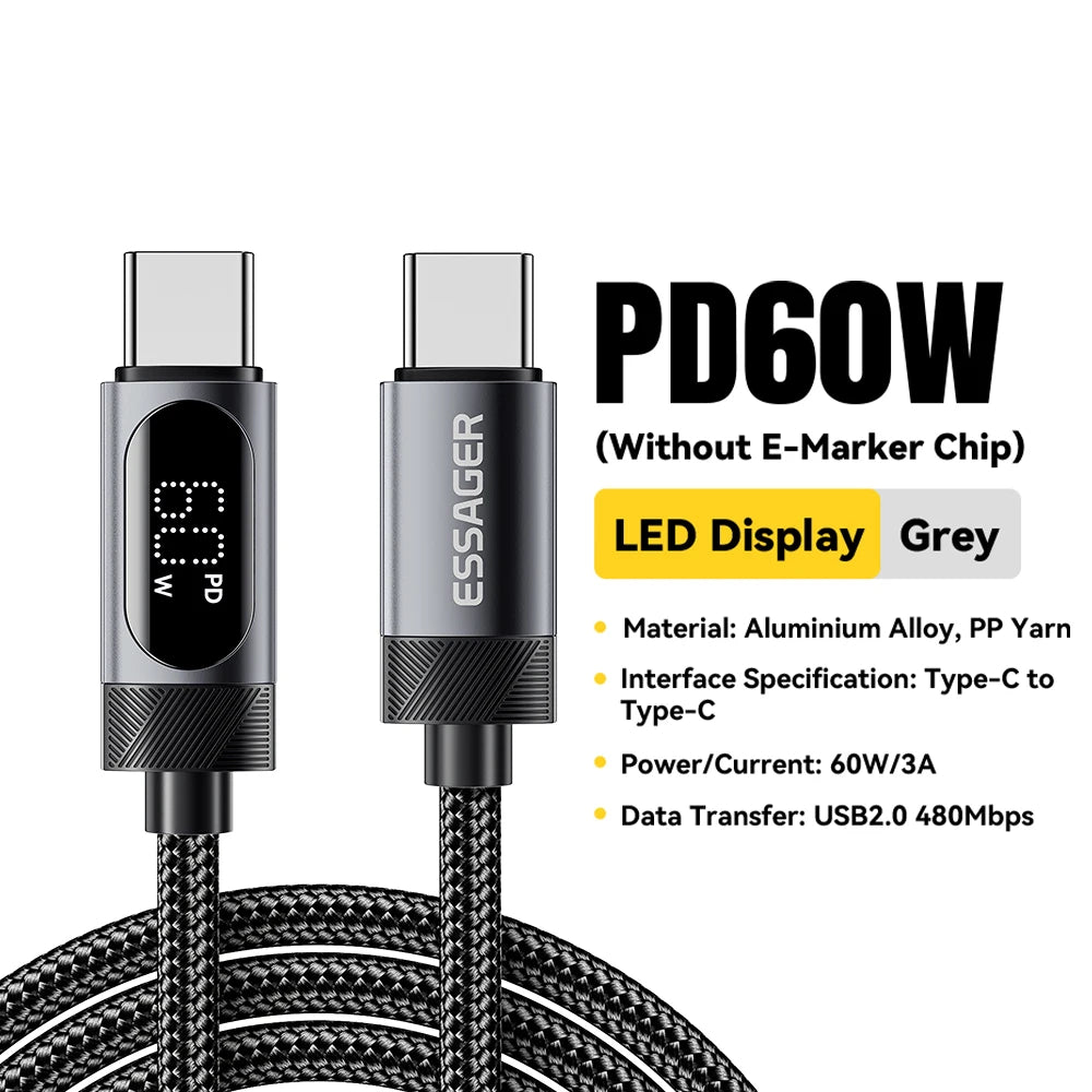 Essager Digital Dispaly USB C Cable For iPhone 17 16 15 Xiaomi Huawei 100W PD Fast Charging For Macbook iPad Type C to C Cable Pi-Mart