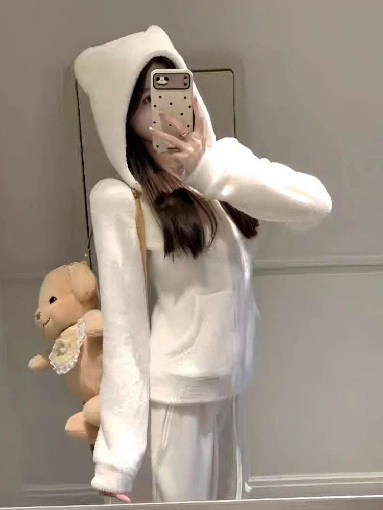 2025 Kawaii Plush Hoodie Women Bear Ear Zip Jacket Soft Warm Fleece Coat Korean Sweet Girl Winter Outerwear Cute Fashion Trend LadyShow.Store