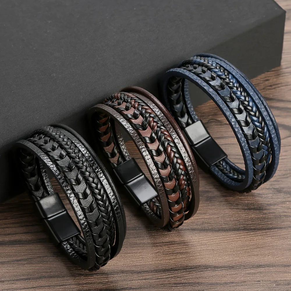 1pc Fashion Accessories MEN'S Multi-layered Vintage Leather Rope Braided Bracelet Alloy Magnetic Buckle Bracelet Pi-Mart