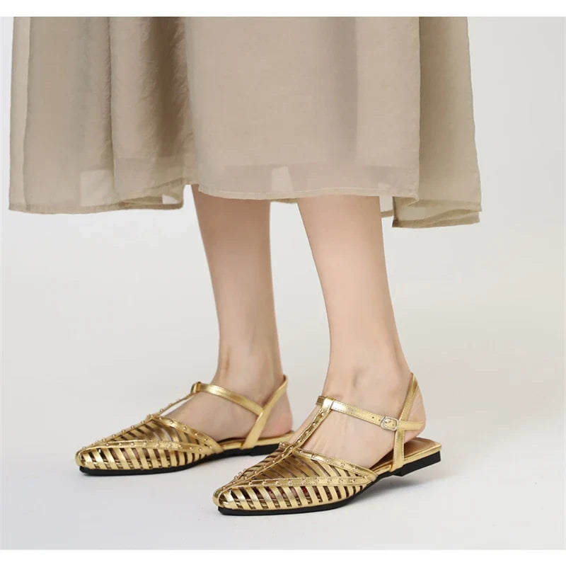 ZAROY Designer Narrow Band Flat Sandals Women Summer Point Toe Ankle Buckle Hollow Roman Sandal Plus Size Casual Beach Sandalias LadyShow.Store