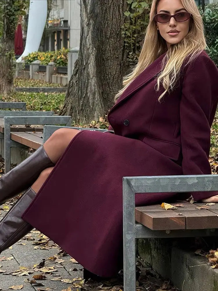 HH Women Fashion Burgundy Coat Double Breasted Long Sleeve Lapel Blends Jacket Autumn Winter High Street Outerwear LadyShow.Store