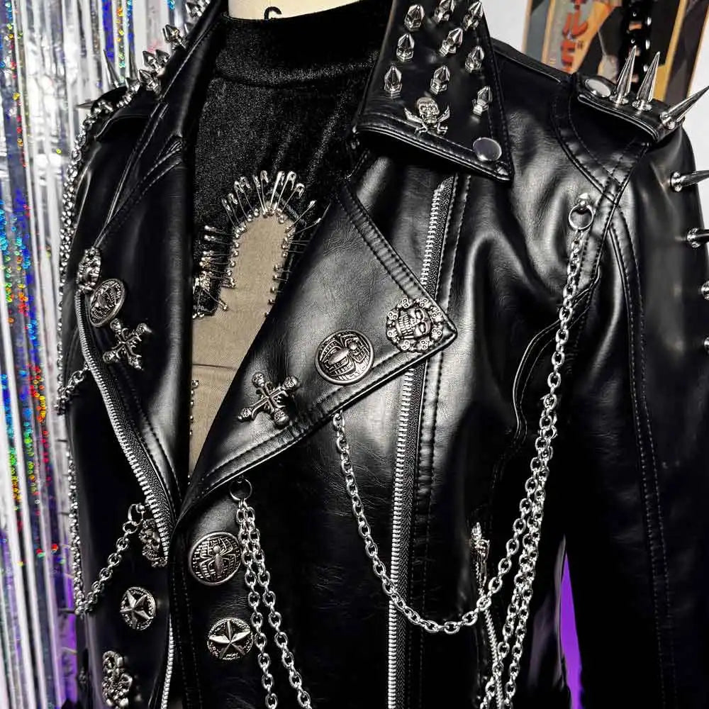 Gothic E-Girls Skull PU Leather Jacket Y2K Trendy Punk Rock Harajuku Chain Cross Street Wear Digital Glitch Core Club Goth Pi-Mart