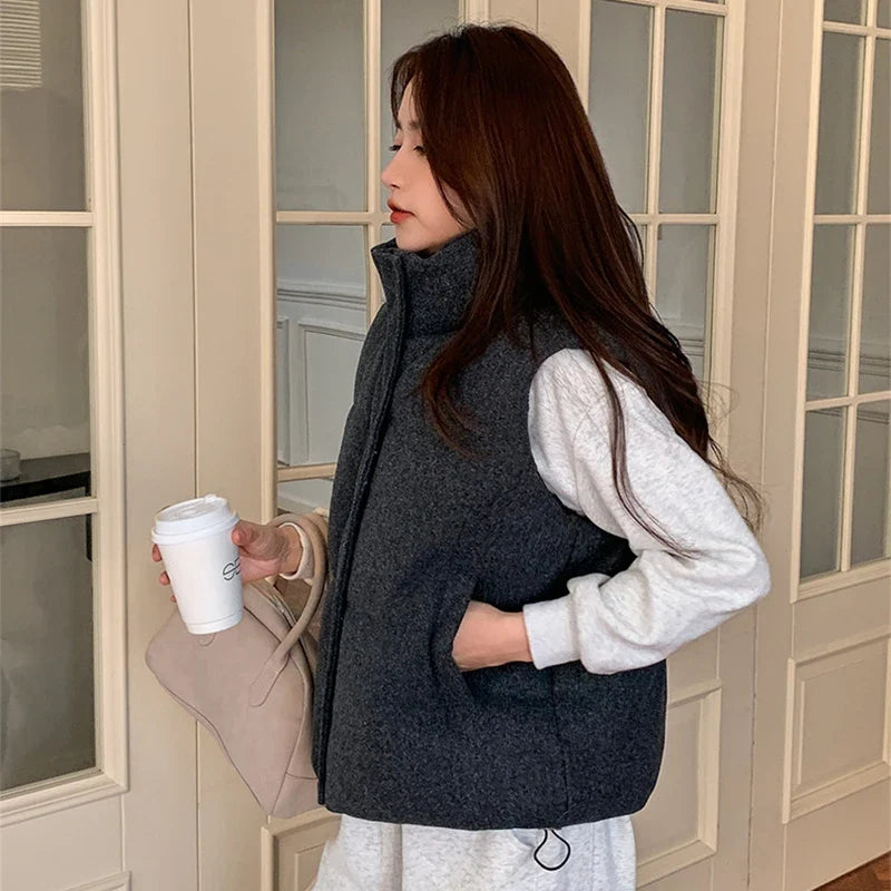 Short Down cotton Vest Women's 2025 Korean Fashion New Stand-up Sleeveless Zipper Student Vest Jacket Black Gray Waistcoat Tide LadyShow.Store