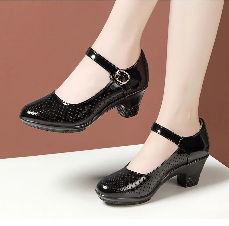 5.5cm 7.5cm Small Size 33 Breathable Cutout Block Heels Shoes Mary Janes 2026 Soft Leather Platform Pumps for Mom Dance Model Pi-Mart