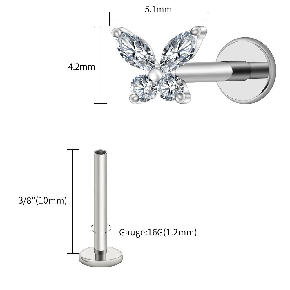 Right Grand ASTM F136 Titanium 16G Mini Butterfly CZ Labret Tragus Cartilage Conch Forward Helix Stud Nose Piercing Body Jewelry Pi-Mart