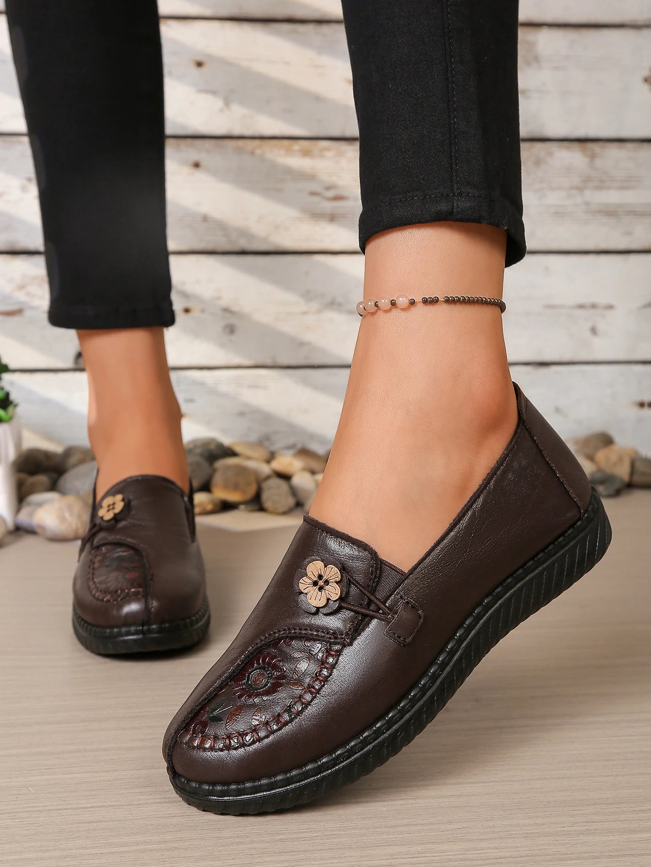 Women's Spring Autumn Leather Loafers Floral Embossed Slip‑On Flats Anti‑Slip Comfort Casual Mom Daily Walking Free Shipping Pi-Mart