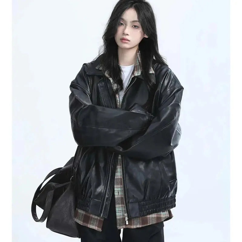 Retro Ladies Fashion Zipper Faux Leather Jacket Spring Autumn Women Long Sleeves Leather Coat 2025 Female PU Leather Outwear LadyShow.Store