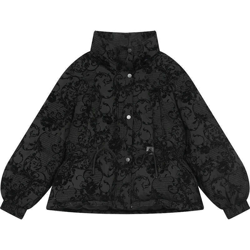ELFSACK 2025 Puffy Down Coat Women Jacquard Embroidery Waist Gathered Gothic Royal Vintage Y2K Winter Long Puffer Jacket LadyShow.Store
