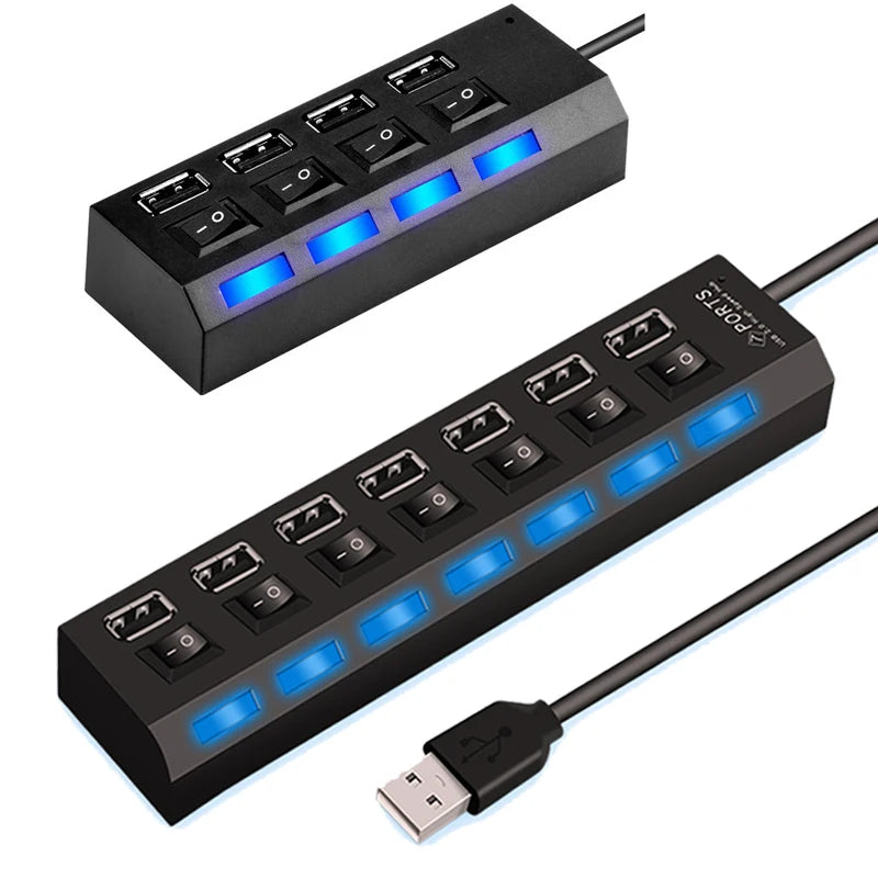 High Speed 4/7 Ports USB HUB 2.0 Adapter Expander Multi USB Splitter Multiple Extender with LED Lamp Switch for PC Laptop Pi-Mart