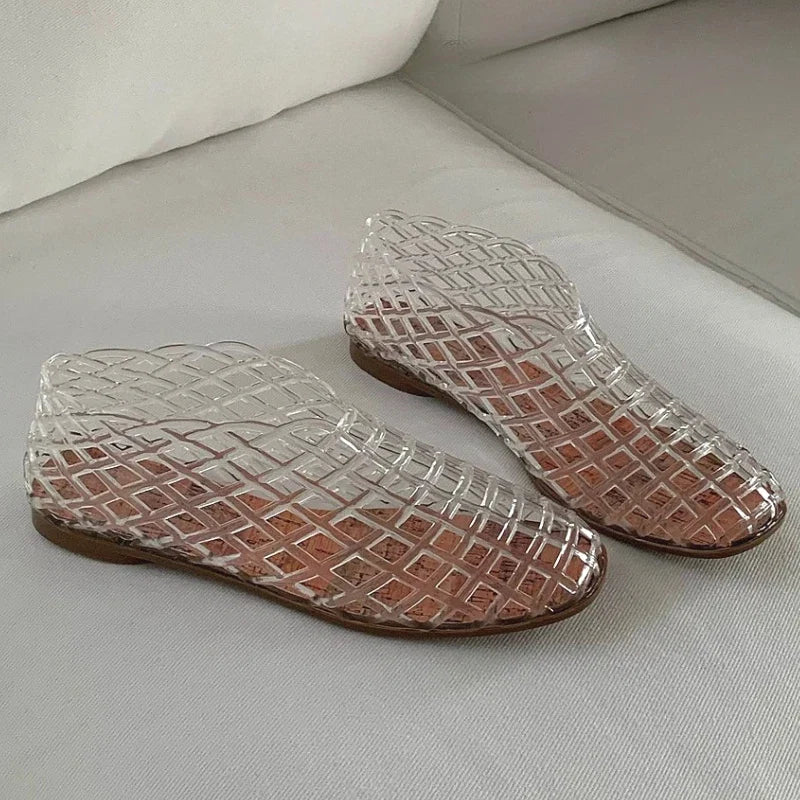 Women's New Flat Sandals with Hollow Transparent Color Mesh Jelly Shoes Woman Daily Walking Flats Plus Size 41 Soft PVC Footwear LadyShow.Store