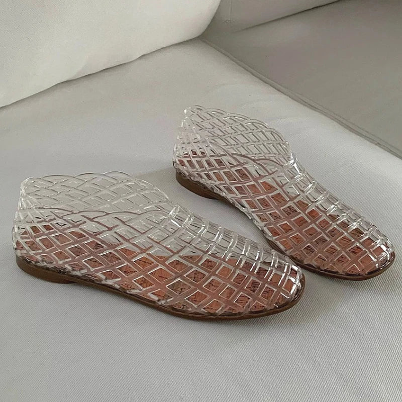 Women's New Flat Sandals with Hollow Transparent Color Mesh Jelly Shoes Woman Daily Walking Flats Plus Size 41 Soft PVC Footwear LadyShow.Store