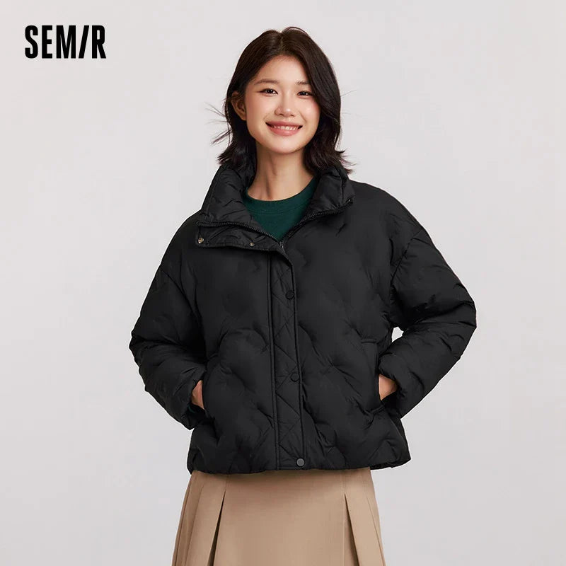 Semir Down Jacket Women Thin Houndstooth Loose 2024 New Winter Waterproof Windproof Stand-Up Collar Wear Down Jacket LadyShow.Store