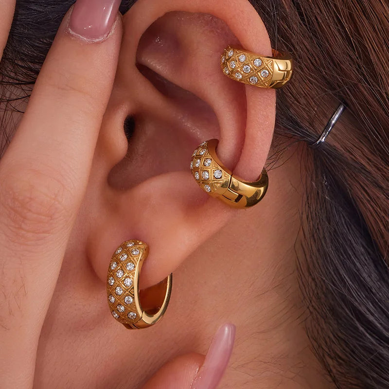 Liora Stainless Steel Zircon Women Hoop Earrings Metal Texture PVD Gold Plated Hypoallergenic Wedding Banquet Earrings Jewelry Pi-Mart