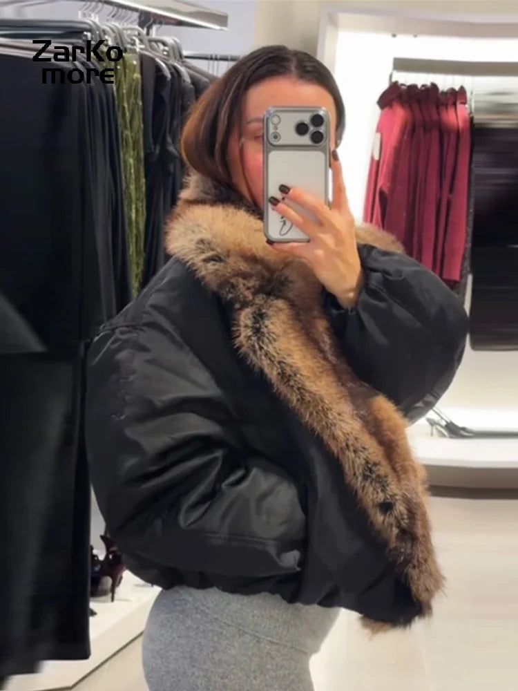 Fashion Faux Fur Patchwork Cotton Coat Women Lapel Zipper Pocket Cropped Street Warm Jacket 2026 Winter Lady Puffer Jackets New Pi-Mart