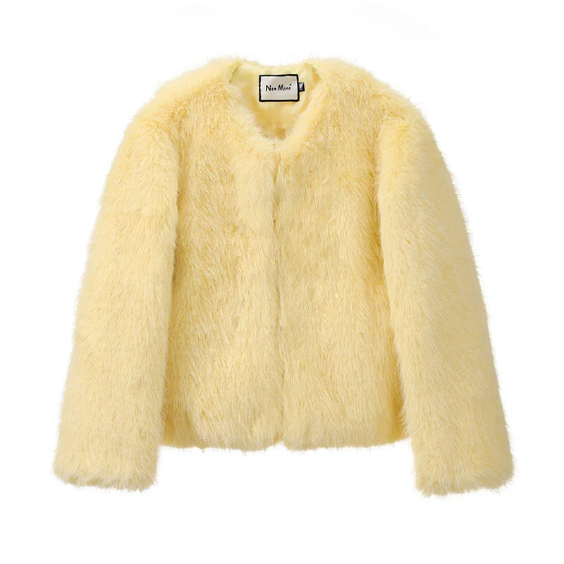 Neo Mint Cool Street Girls Winter Fashion Fluffy Fox Fur Jacket Women Casual Round Neck Faux Fur Coat Chic Thick Warm Outerwear LadyShow.Store