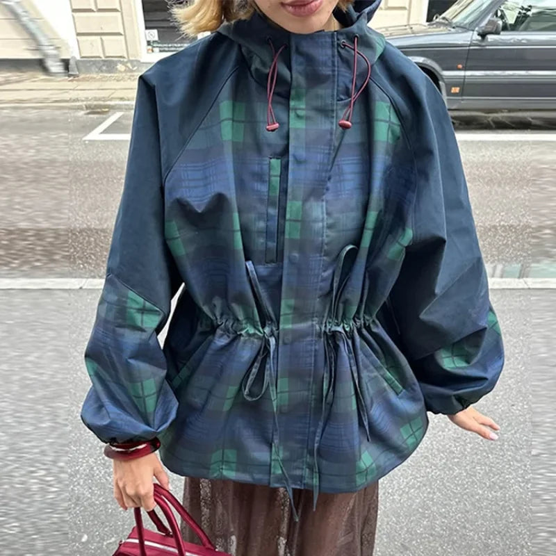 Vintage Plaid Women's Jacket Oversize Loose Stand Collar Coat Long Sleeve Hoodie Lace Up Outwears 2025 New Fall Lady Streetwears LadyShow.Store