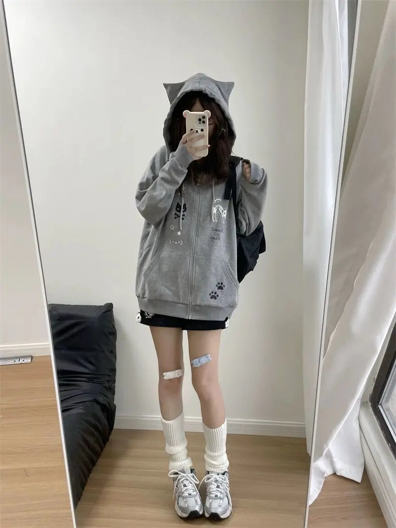 Zipper Hoodie Gothic Cartoon Kawaii Cat Ear Y2k Jacket Zip Up Thin Coat Spring Autumn Cute Core 2000s Clothes Fall Sweatshirts LadyShow.Store