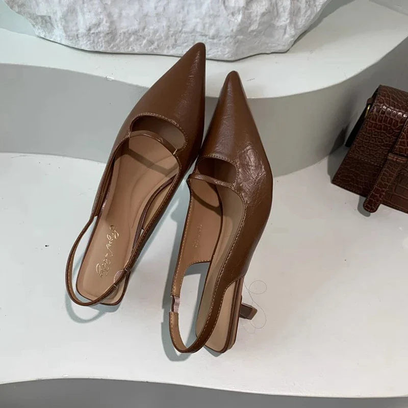 SUOJIALUN Summer New Women Sandal Fashion Pointed Toe Shallow Slip On Ladies Elegant Slingback Shoes Thin Med Heel Dress Mules LadyShow.Store