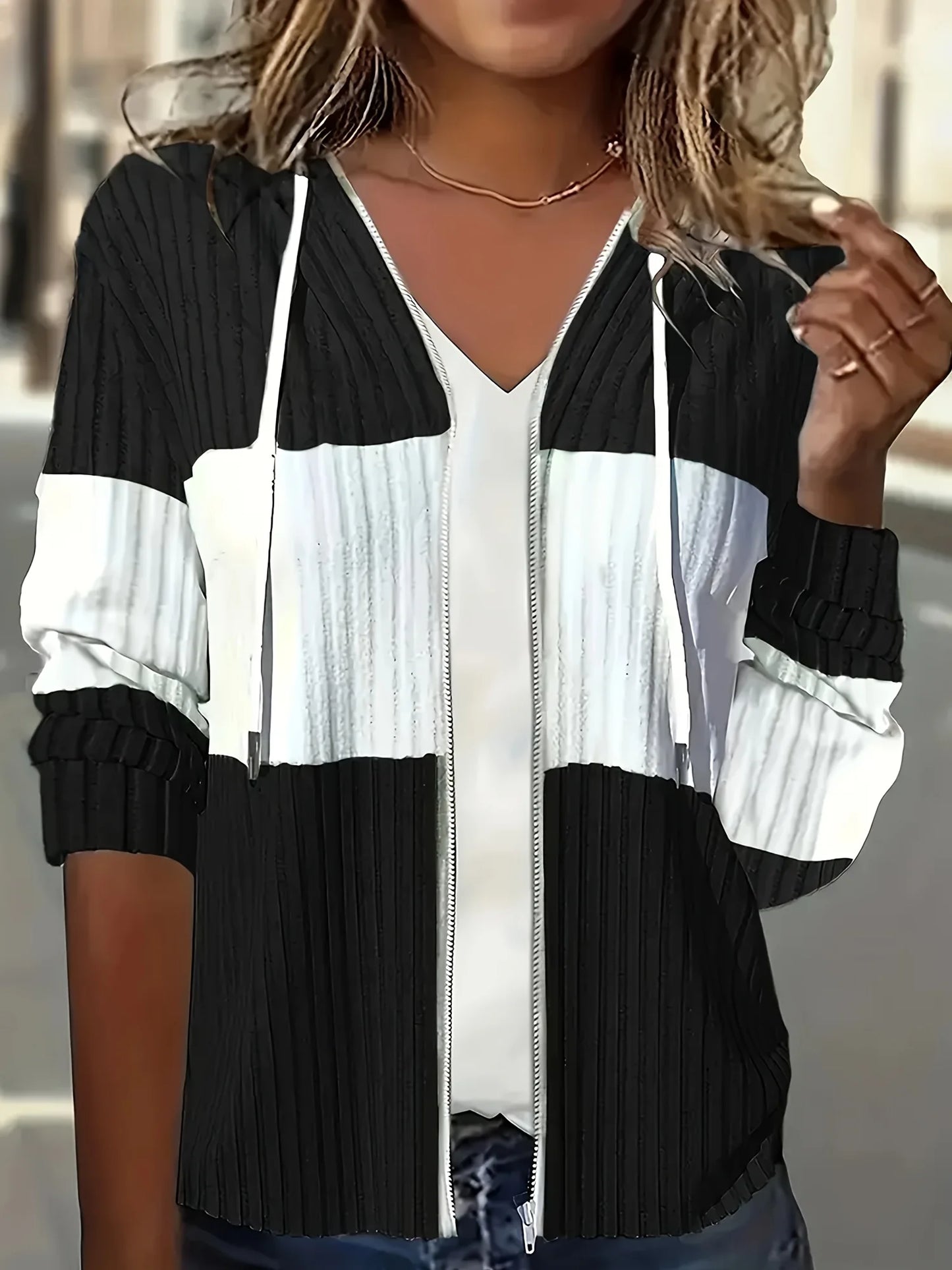 Women's Casual Color Block Hoodie Drawstring Zipper Jacket Streetwear Style with Pockets LadyShow.Store