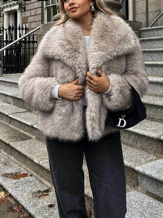 HH Women Fashion Cropped Faux Fur Jacket Coat Long Sleeve Front Snap-button Female Outerwear Chic Lapel Collar Thick Coat LadyShow.Store