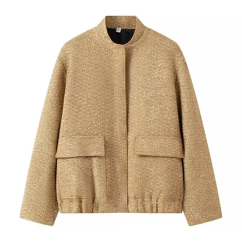 Nlzgmsj Women Shiny Sequin Jacket Y2k Gold Color Stand Collar Long Sleeve Short Coat Autumn Winter Ladies High Streetwear LadyShow.Store