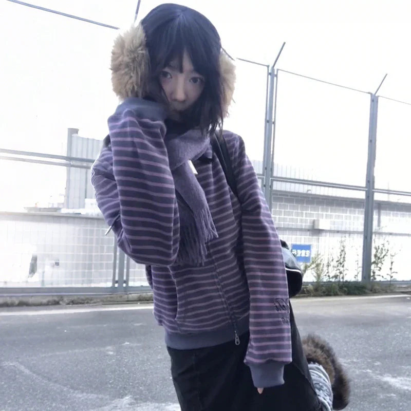 Karrram Japanese Y2k Purple Striped Cardigan 2000s Style Turtleneck Knitted Jacket Vintage Harajuku Zipper Knitwear Korean 90s LadyShow.Store