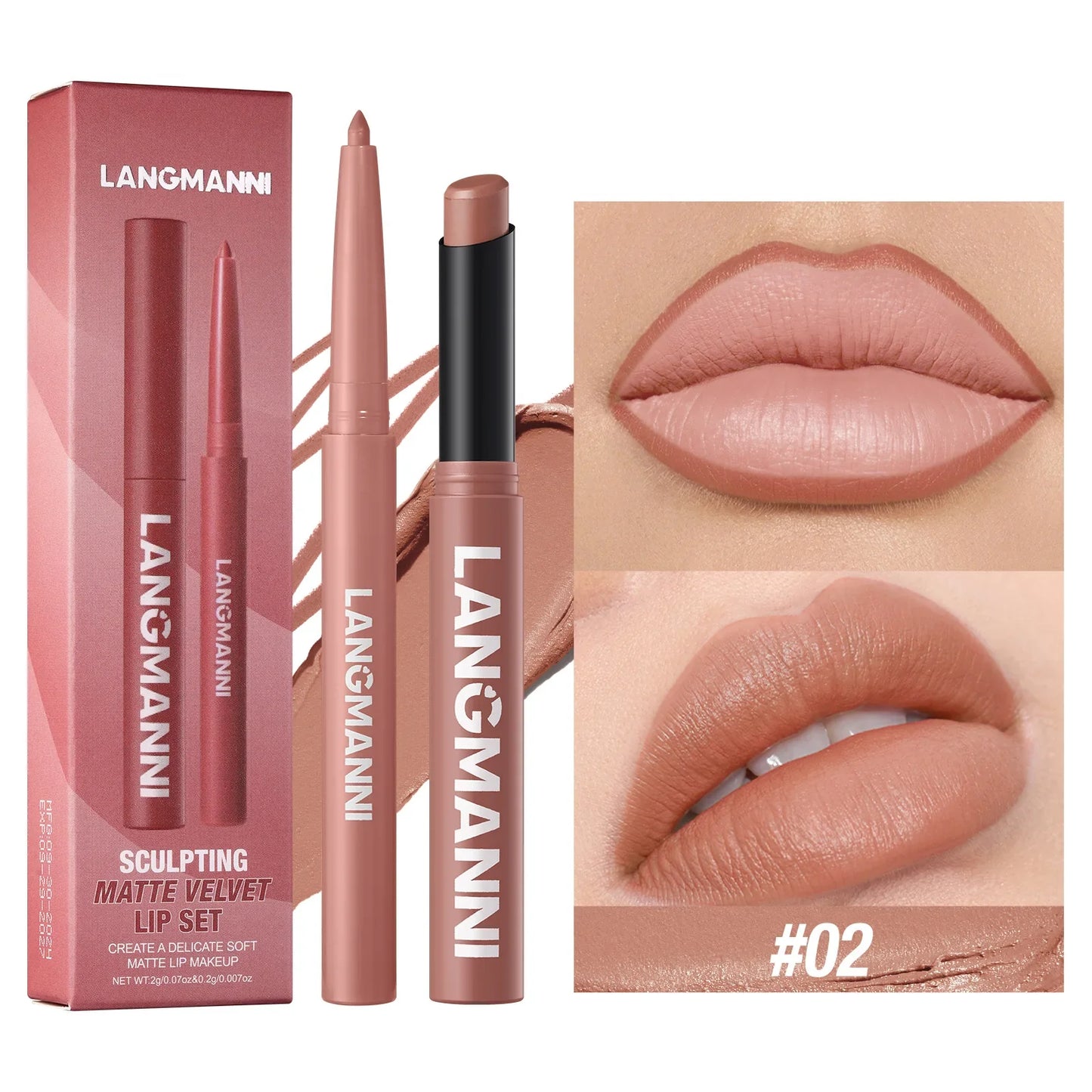 2Pcs/set Matte Soft Mist Slanted Mouth Lipstick + Lip Liner Set Combo Light Matte and Non-Drying Waterproof Non-Stick Lip Set LadyShow.Store
