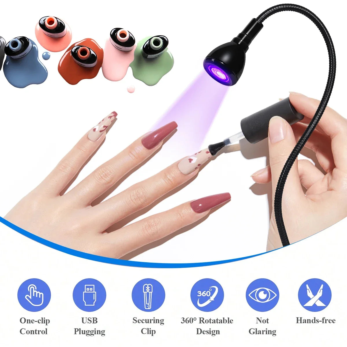 Nail LED UV Lamp for Drying Gel Nails Polish Clip-On Flexible Desk Mini Portable USB Nail Lamp UV Light Dryer for Manicure Salon Tri Light Beauty