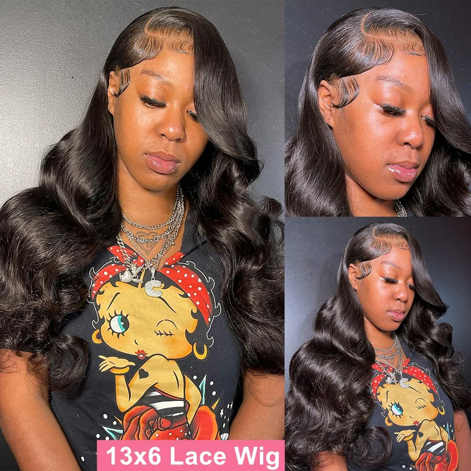 13x4 Body Wave Human Hair 13x6 Hd Lace Frontal Wigs 200 Density 46 Inch For Black Women Pre Plucked Wave Lace Frontal Wig LadyShow.Store