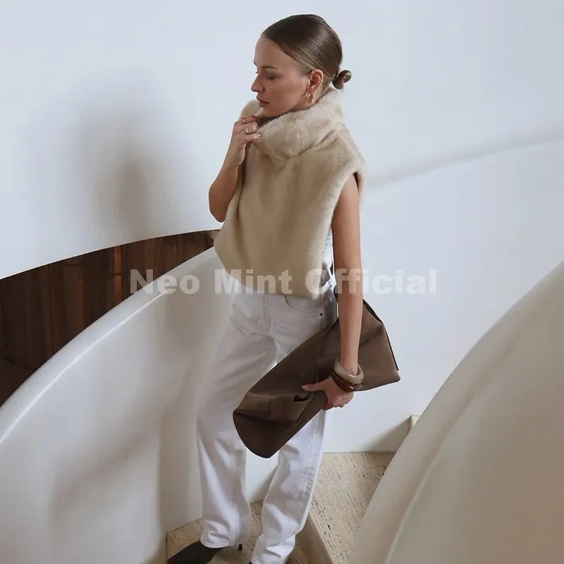 Neo Mint 2025 Brand Fashion Faux Fur Sable Vest Crop Top Autumn Winter Turtleneck Eco Mink Fur Tank Tops Sleeveless Jacket Coat LadyShow.Store