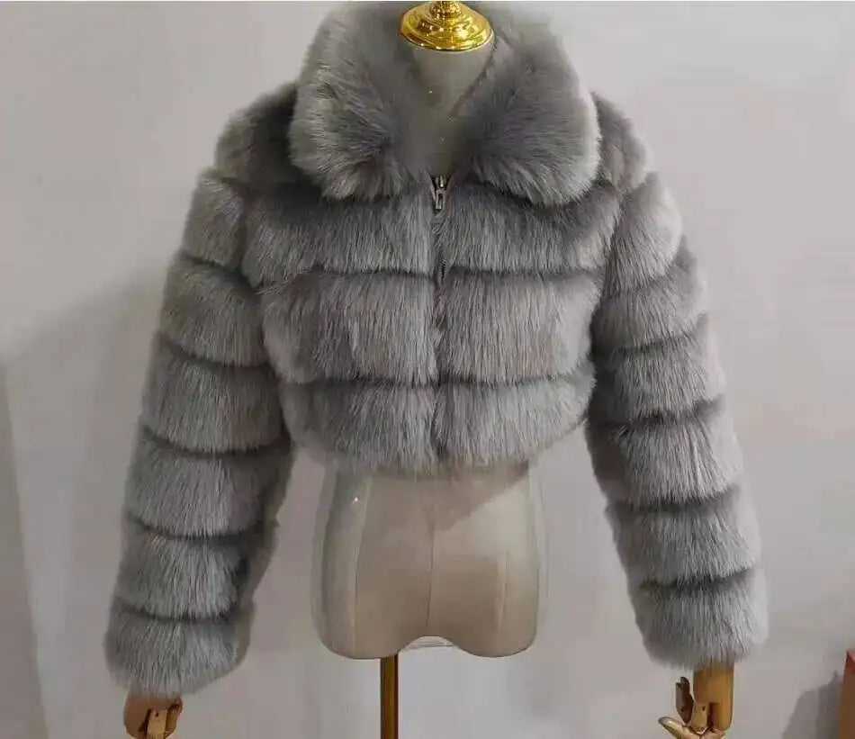 DEAT Fashion Women's Faux Fur Coat Lapel Zipper Long Sleeves Loose Thick Imitation  Fur Short Jacket Winter New 7AB6103 Pi-Mart