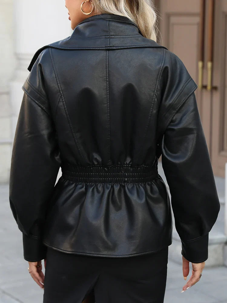 Ailegogo New Spring Autumn Women Vintage Loose Elastic Waist Zipper Black Faux Leather Jacket Outwear LadyShow.Store