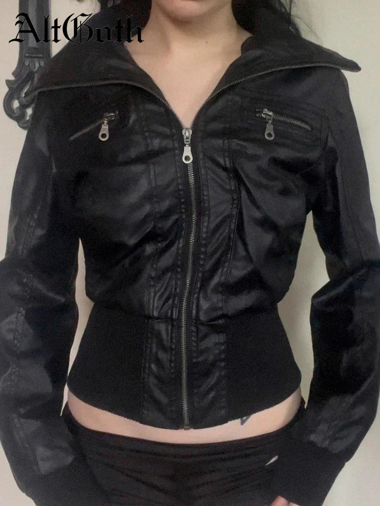 AltGoth Amercian Vintage Pu Leather Jacket Women Streetwear Harajuku Grunge Emo Alternative Grunge Zipper Casual Coats Female LadyShow.Store