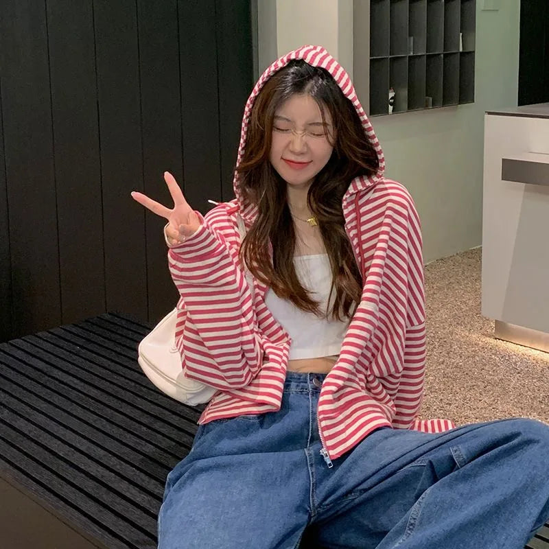 2000S American Vintage Striped Loose Long Sleeve Hooded Sweatshirt Y2k Subculture Casual Zip Up Hooded Cardigan Harajuku Coats LadyShow.Store