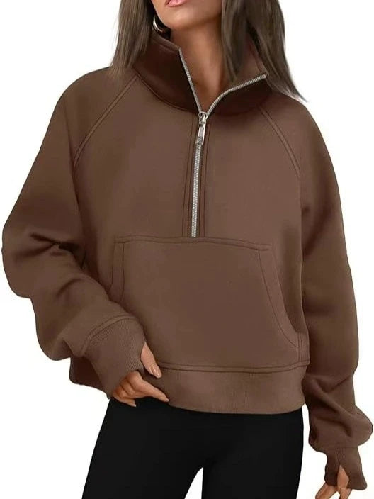 New Women's Spring Autumn Winter Stand Collar Plus Fleece Solid Color Hoodie Long Sleeve Pocket Loose Half Zip Pullover Hoodie Pi-Mart