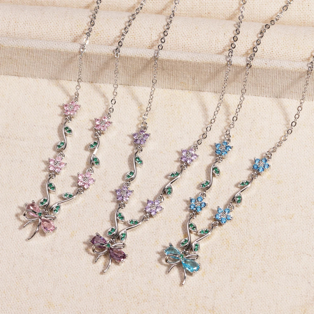 Summer New Fashion Exquisite Bow Leaf Flower Necklace For Women's Elegant Pink Zircon Chain Pendant Jewelry Gifts Pi-Mart